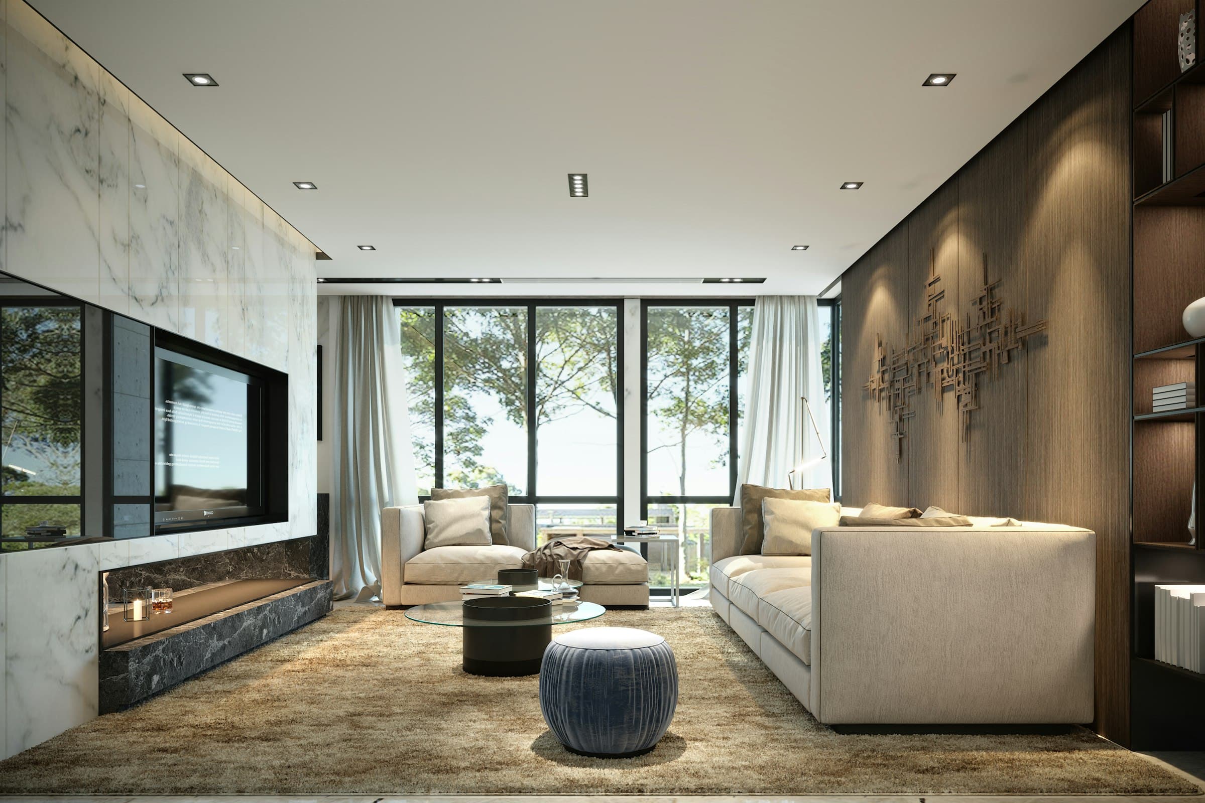 Contemporary living room with dark timber panelling, a stone fireplace and floor-to-ceiling windows
