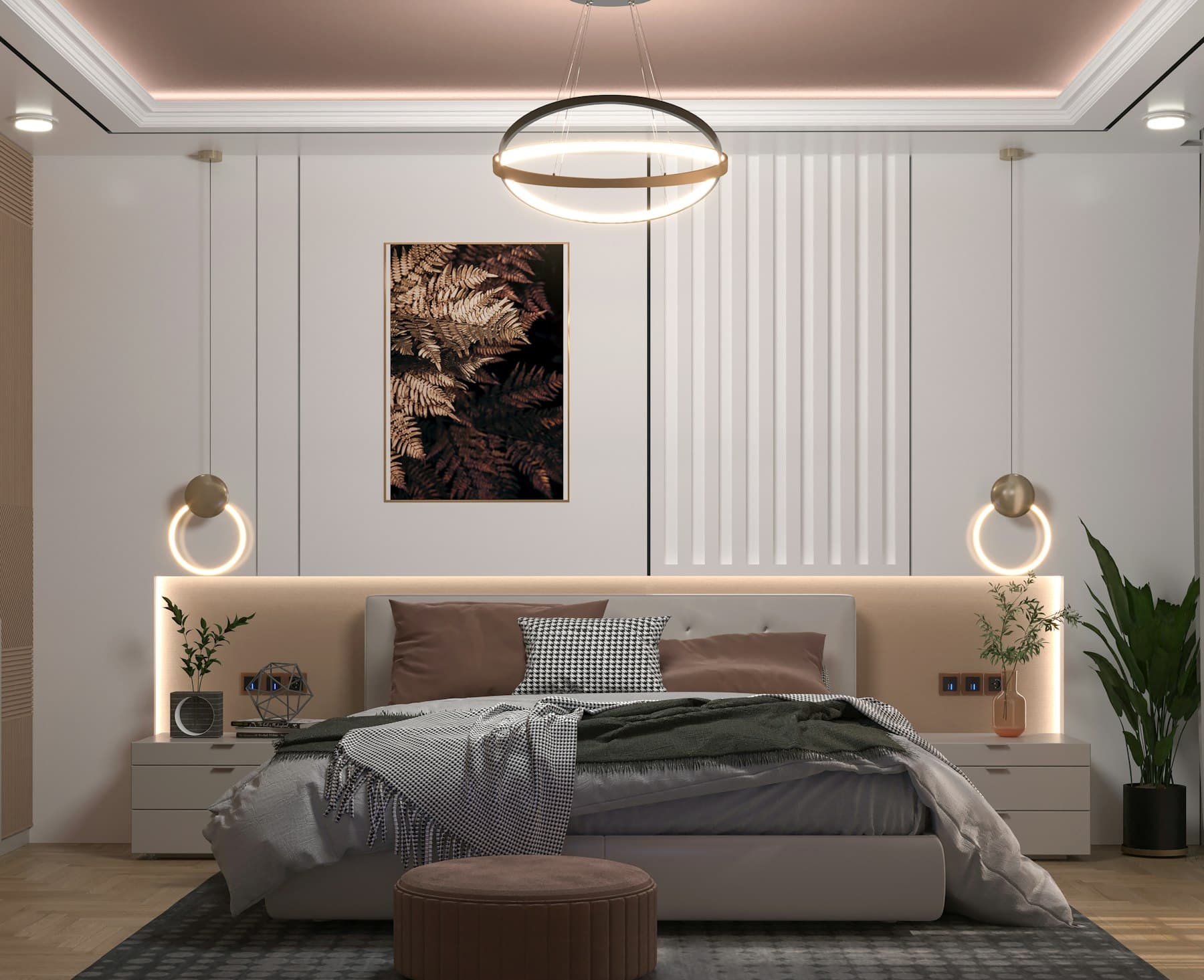 Completed bedroom interior with warm lighting