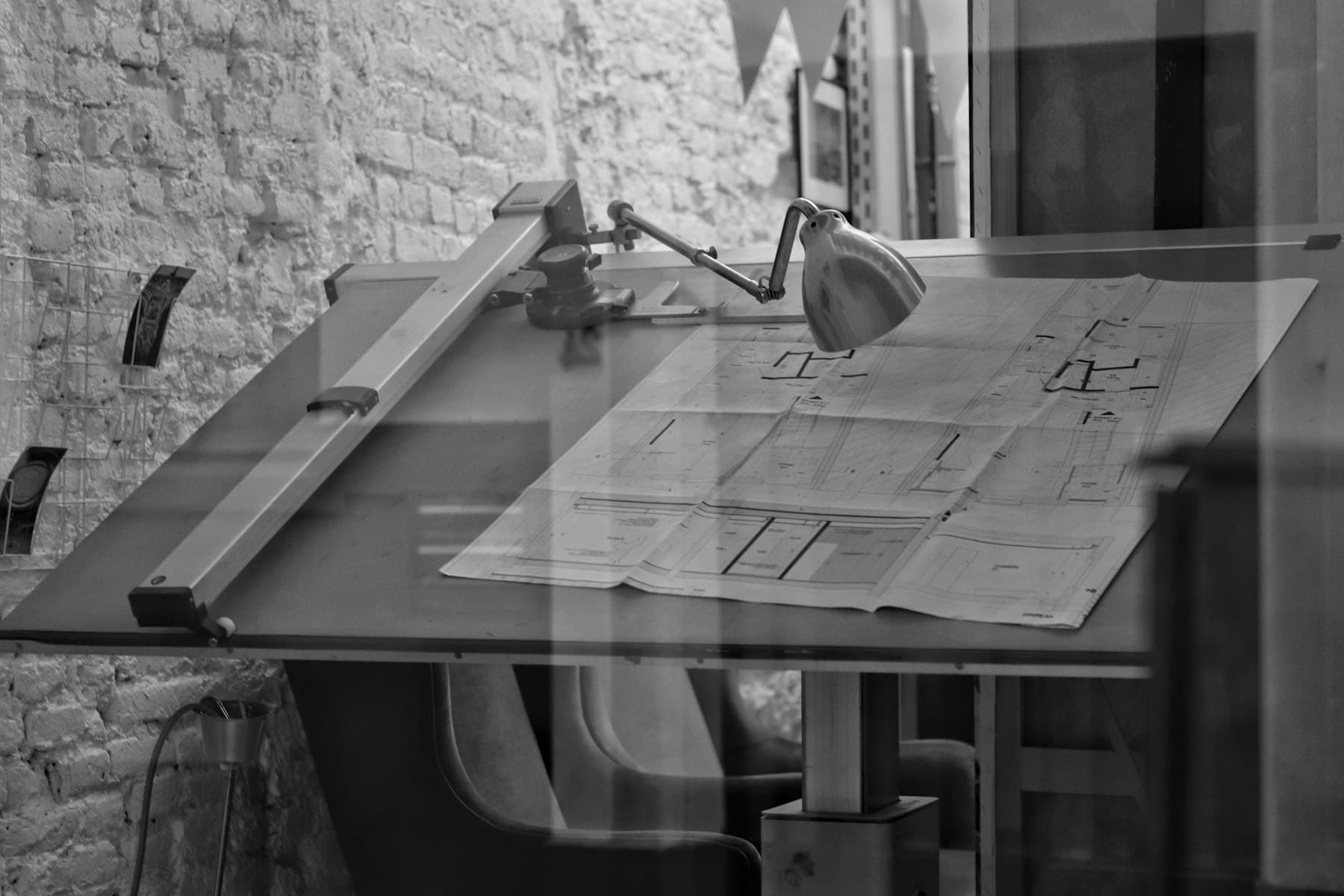 Technical drawing on a drafting table