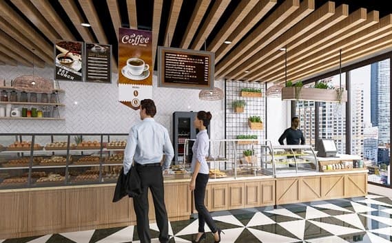 Cafeteria counter with timber slat ceiling and patterned floor