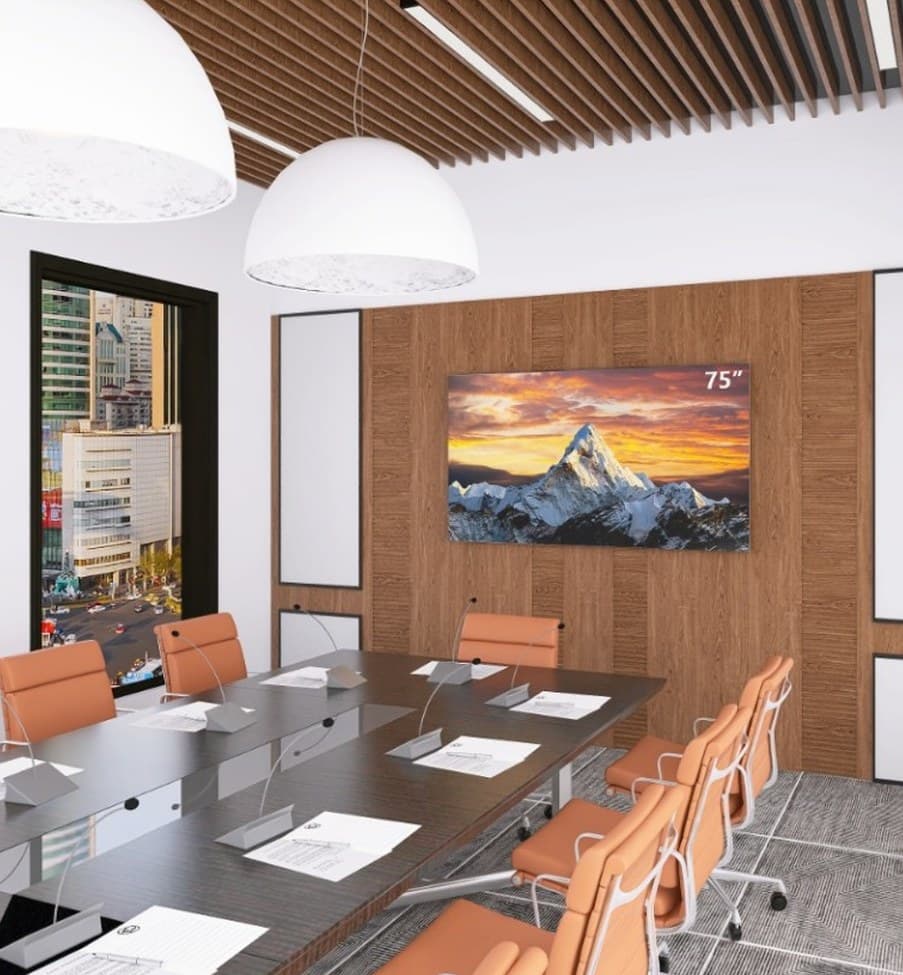 Meeting room with timber slat ceiling, dome pendants and tan chairs