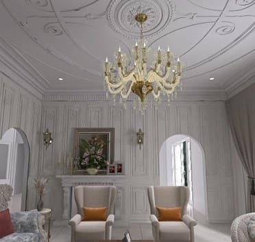 Living room with ornate ceiling medallion and chandelier