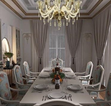 Classical dining room with crystal chandelier and upholstered chairs