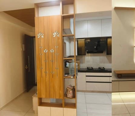 Timber partition with floral cut-outs leading to the kitchen