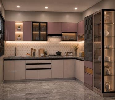 Modular kitchen in blush and white with glass-fronted tall unit
