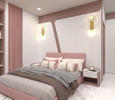 Bedroom with pink upholstered bed and angled wall panelling