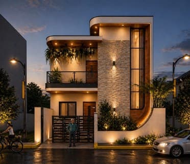 Contemporary house facade at dusk with stone cladding and curved timber frame