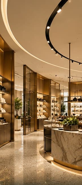 Retail interior with curved lit ceiling and marble counter