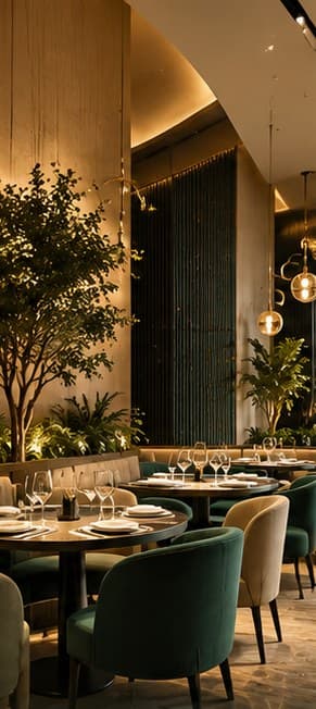 Restaurant with green velvet chairs and warm pendant lights