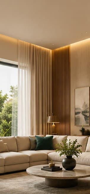 Warm living room with cream sectional sofa and timber-slatted wall