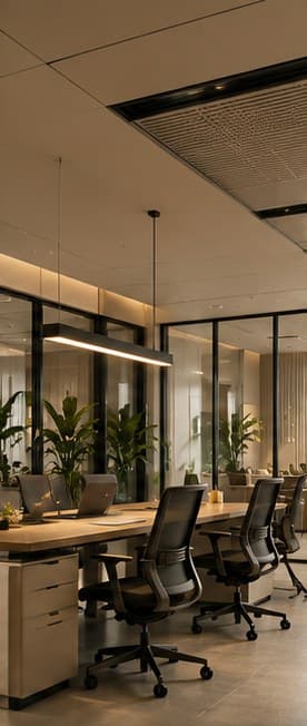 Office with timber desks, ergonomic chairs and glass partitions