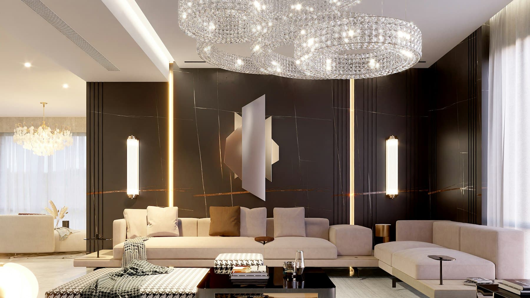 Luxury living room with crystal chandelier and dark stone wall