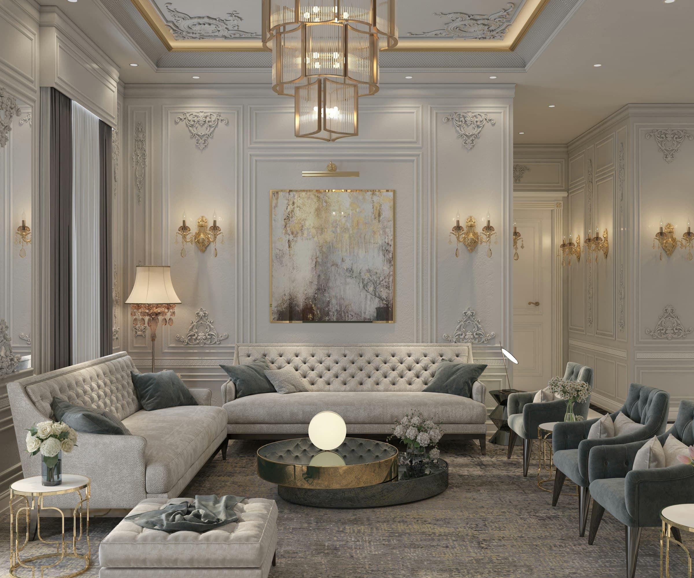 Classic luxury living room with curved sofa, chandelier and panelled walls